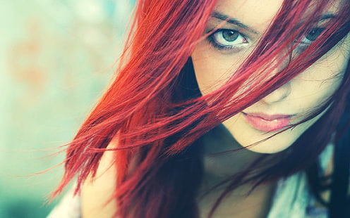 women's red lipstick, redhead, women, green eyes, hair in face, lipstick, depth of field, looking at viewer, dyed hair, model, face, portrait, red, hair, HD wallpaper HD wallpaper