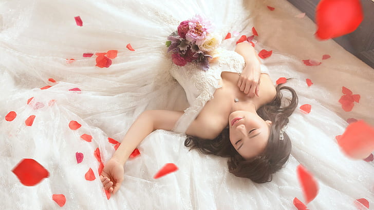 chest, girl, happiness, flowers, pose, smile, style, mood, white, sleep, roses, bouquet, hands, petals, dress, brunette, hairstyle, beauty, sleeping, red, neckline, lies, Asian, the bride, shoulders, long hair, young, wedding, hem, closed eyes, lush, HD wallpaper