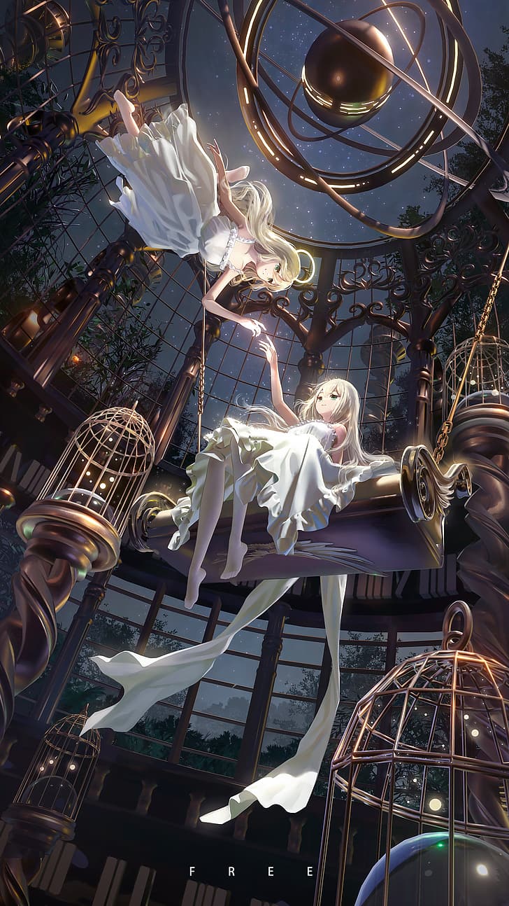 Kumokoneko, white dress, portrait display, women, two women, floating, flying, white pantyhose, white clothing, swings, long hair, blonde, bookshelves, library, dress, low-angle, arms reaching, couch, sitting, starred sky, starry night, stars, night, trees, cages, HD wallpaper