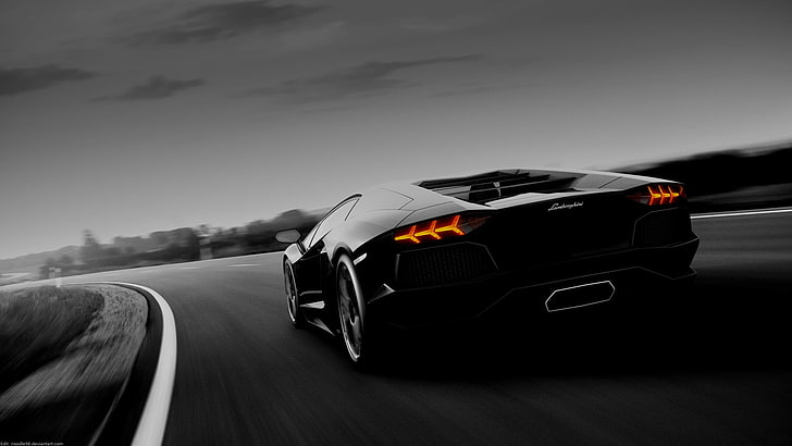 siyah Lamborghini Huracan coupe, Lamborghini Aventador, araba, Lamborghini, spor araba, kara, karanlık, yarış arabaları, HD masaüstü duvar kağıdı