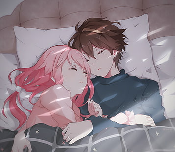 ouma shu, yuzuriha inori, adormecido, casal, coroa cuilty, cabelo rosa, fofo, anime, HD papel de parede HD wallpaper