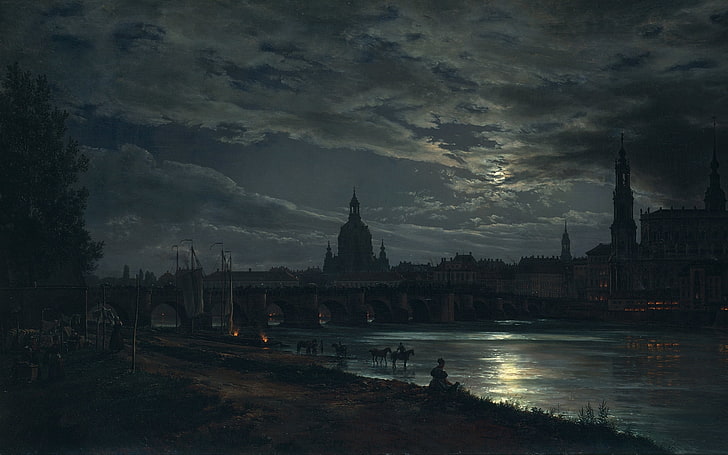 Bulan, malam, kota, lukisan, Pemandangan Dresden oleh Moonlight, sungai, Dresden, jembatan, Wallpaper HD