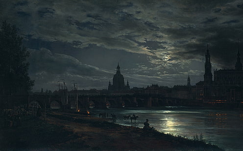Луна, нощ, град, живопис, изглед на Дрезден от лунна светлина, река, Дрезден, мост, HD тапет HD wallpaper