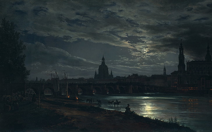 Fluss und Betonbauten, Malerei, Nacht, Mond, Stadt, Brücke, Fluss, Dresden, Ansicht von Dresden durch Mondschein, HD-Hintergrundbild