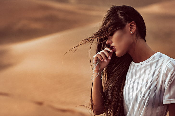 women, desert, white clothing, see-through clothing, sand, HD wallpaper