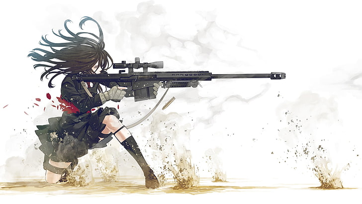アニメ、銃、武器、アニメの女の子、白背景、狙撃ライフル、小崎裕介、オリジナルキャラクター、血、黒髪、シンプルな背景、銃を持つ女の子、 HDデスクトップの壁紙