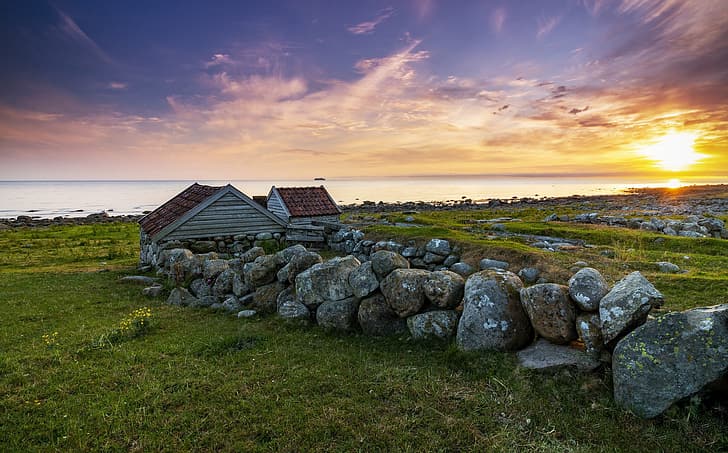 sunset, stones, coast, Norway, Rogaland, sheds, HD wallpaper