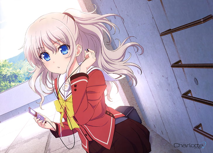 Anime, Charlotte, Blaue Augen, Rouge, Langes Haar, Nao Tomori, Schuluniform, Rock, Twintails, Weißes Haar, Schleife (Kleidung), HD-Hintergrundbild