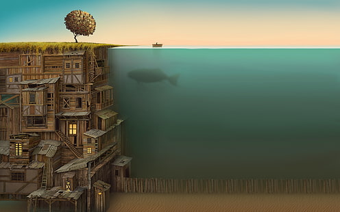 illustration of houses underground, house and body of water painting, water, fish, surreal, Owl City, abstract, sea, whale, artwork, anime, fantasy art, creature, split view, ladders, boat, underwater, fence, trees, filter, building, Gediminas Pranckevičius, album covers, HD wallpaper HD wallpaper