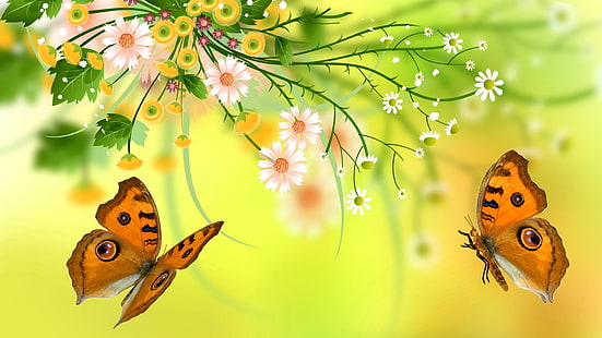 papier peint deux papillons orange et noir, feuilles, fleurs, nature, papillon, pétales, papillon, Fond d'écran HD HD wallpaper