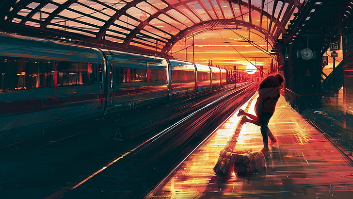 رجل وامرأة يعانقان بعضهما البعض بالقرب من خلفية القطار ، ثنائية الأبعاد ، الفن الرقمي ، المناظر الطبيعية ، محطة القطار ، أينامي، خلفية HD