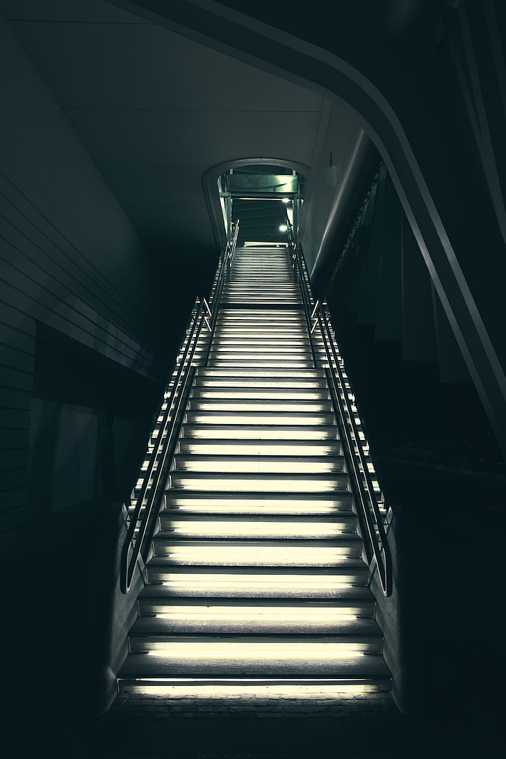silver stair and rail, stairs, lighting, exit, HD wallpaper