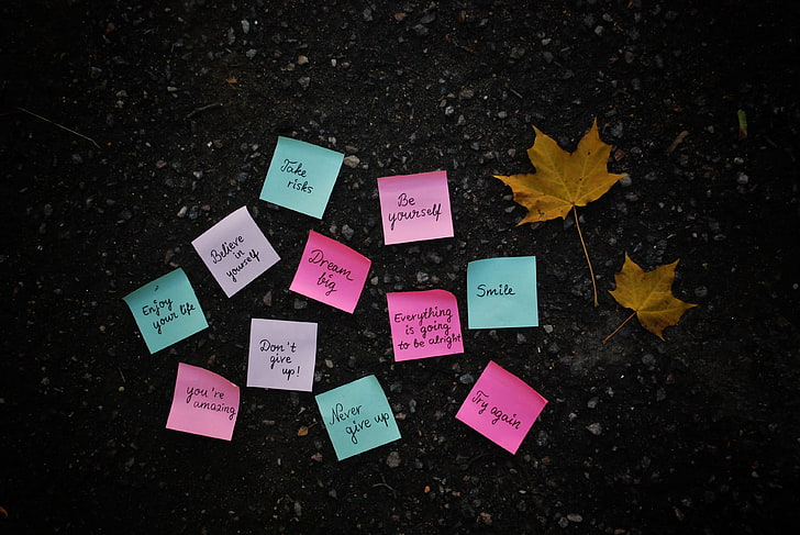 розовые и бирюзовые наклейки, осень, листья, поверхность, бумага, этикетки, земля, желтый, фраза, наклейки, клен, HD обои