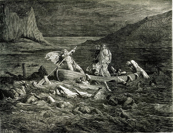 man on canoe painting, The Divine Comedy, Dante's Inferno, Dante Alighieri, Gustave Doré, classic art, HD wallpaper