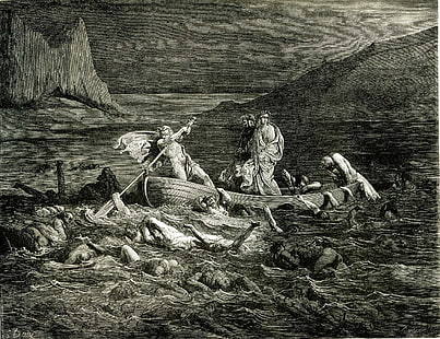 uomo su canoa dipinto, La Divina Commedia, Inferno di Dante, Dante Alighieri, Gustave Doré, arte classica, Sfondo HD HD wallpaper