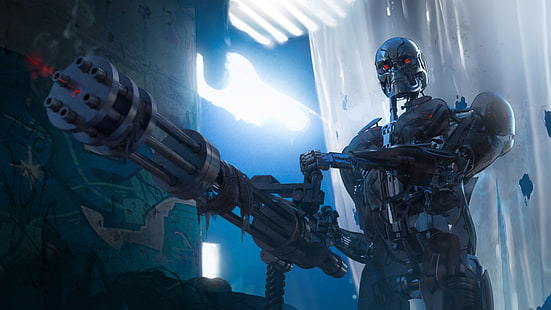 cena do filme, ficção, cyborg, terminator, T-800, minigun, HD papel de parede HD wallpaper