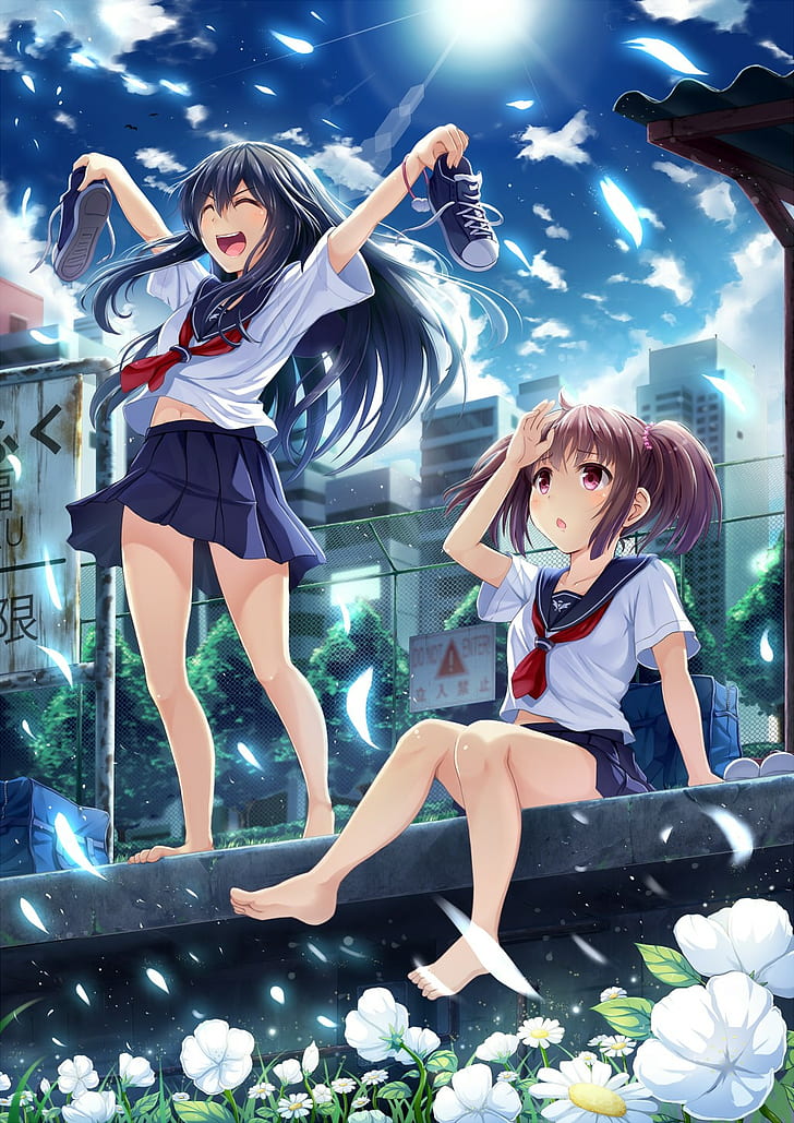 Anime, Anime Girls, Schulmädchen, Schuluniform, Blumen, HD-Hintergrundbild, Handy-Hintergrundbild