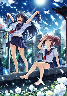 anime kız, kız öğrenci, okul üniforması, çiçekler, HD masaüstü duvar kağıdı HD wallpaper
