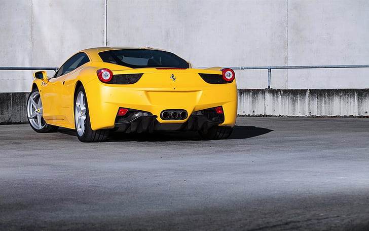 Ferrari, 458 yellow, yellow ferrari luxury car, Italy, yellow, 458 italia, back of, ferrari, Ferrara, the wall, HD wallpaper