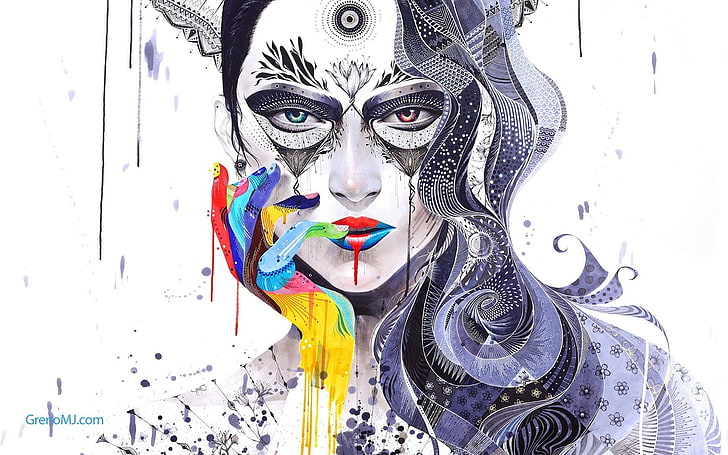 women's white and black mask, Minjae Lee, artwork, painting, women, mosaic, surreal, face, colorful, digital art, portrait, paint splatter, abstract, selective coloring, HD wallpaper