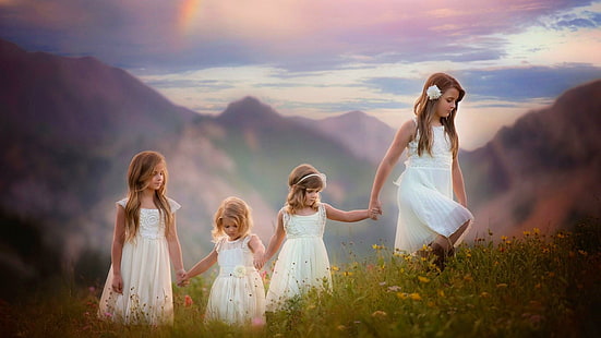 Sorelle carine, bambino, ragazze, sorella, abito bianco, Sfondo HD HD wallpaper