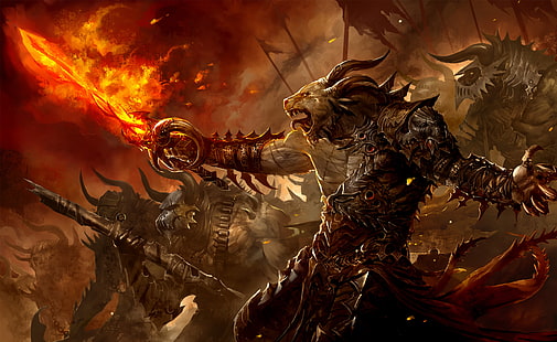 Guild Wars Fantasy Creatures Monsters Demons Weapons Sword Spear Magic Fire Flames Army Warrior Soldiers Dark Scary Evil Art Battle War 2560×1573, HD wallpaper HD wallpaper