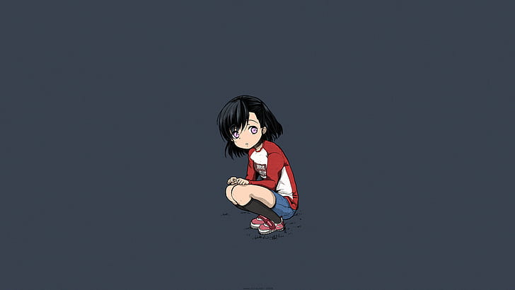 Moca dinamit, rambut pendek, rambut hitam, mata ungu, rok pendek, kaus kaki, gadis anime, anime, manga, Wallpaper HD