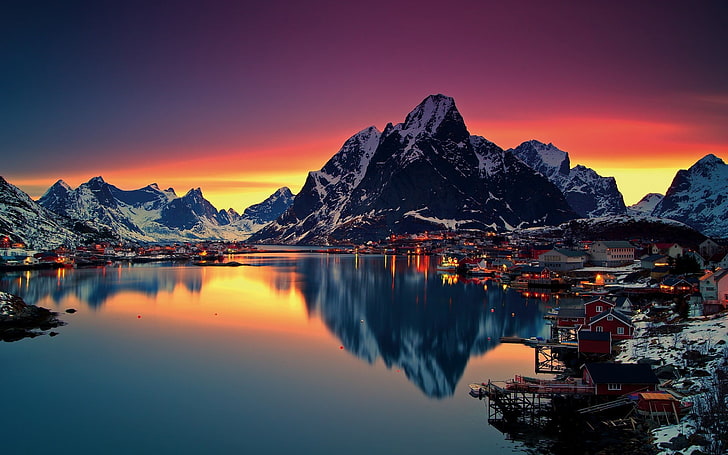 body of water, nature, sea, sunset, water, reflection, mountains, snow, winter, Lofoten Islands, Norway, Reine, Lofoten, HD wallpaper