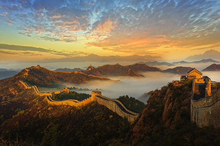 landscape, Great Wall of China, fort, hills, mountains, old building, HD wallpaper