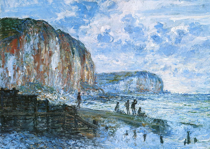 orang, gambar, menembus, pemandangan laut, Claude Monet, The Cliff Le Petit Dahl, Wallpaper HD