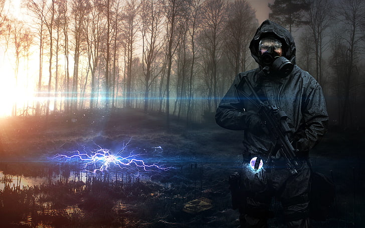 man in black suit jacket painting, S.T.A.L.K.E.R., S.T.A.L.K.E.R.: Shadow of Chernobyl, S.T.A.L.K.E.R.: Call of Pripyat, Gamer, weapon, soldier, apocalyptic, forest, Vadim Sadovski, HD wallpaper