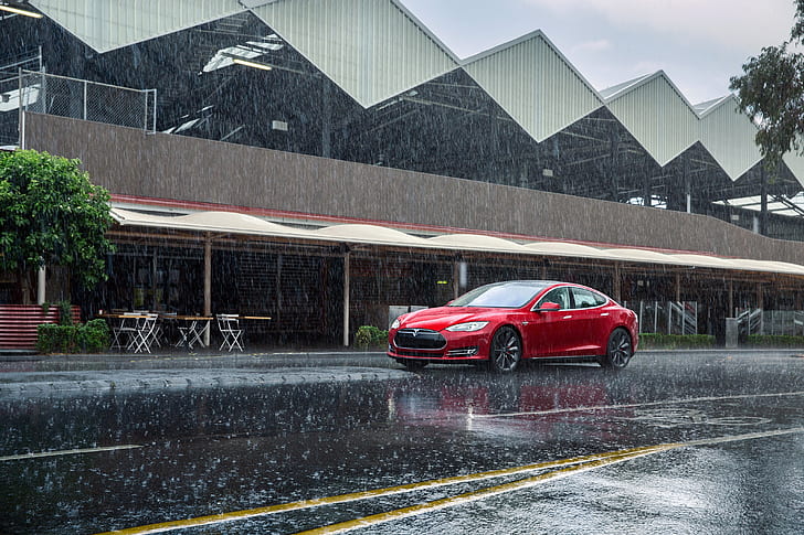 Red, Rain, Car, Model, Tesla, Motors, P85, 2012-14, HD wallpaper