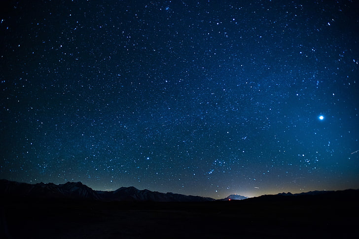 blue and white starry night wallpaper, space, landscape, silhouette, stars, night, hills, sky, nature, HD wallpaper