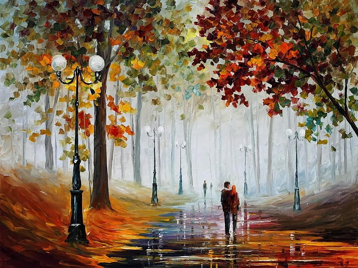 coupe walking on pathway near street lights painting, painting, street light, couple, fall, path, Leonid Afremov, HD wallpaper