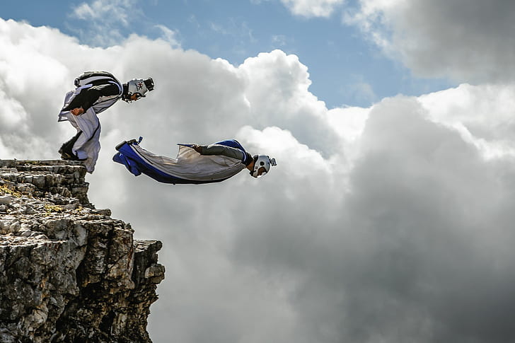 Männer, Sport, Springen, Wingsuit, Basejumping, Natur, Landschaft, Berge, Helm, GoPro, Wolken, HD-Hintergrundbild