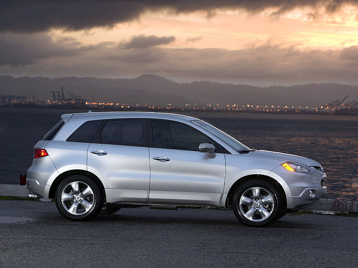 silver SUV, acura, rdx, silver metallic, side view, style, sky, lights, water, mountains, HD wallpaper