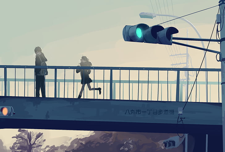 Anime, Original, Evening, Footbridge, Light, Sky, HD wallpaper