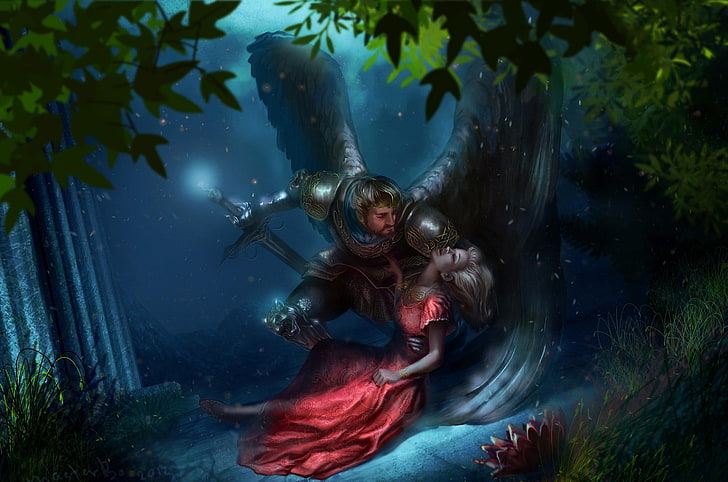 male angel holding sword carrying woman wallpaper, girl, angel, caring, sword, armor, night, HD wallpaper