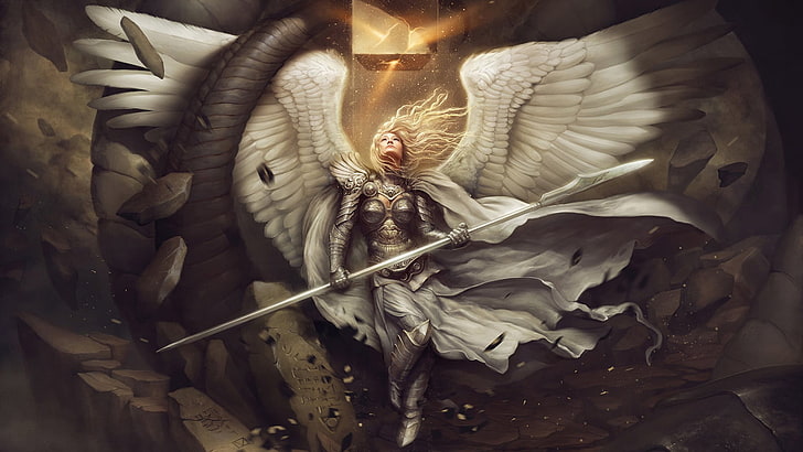 обои с копьем ангела, женщина в серо-белом топе и низе с крыльями, иллюстрация вымышленного персонажа, ангел, крылья, произведение искусства, броня, копье, накидка, женщины, фантазия, крылья ангела, HD обои