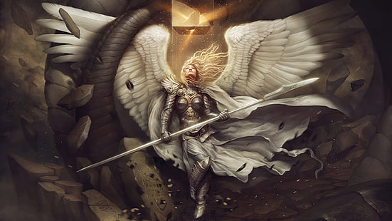ангел, държащ копие тапет, жена, облечена в сиво и бяло горнище и дъна с крила измислен илюстрация характер, ангел, крила, произведения на изкуството, броня, копие, нос, жени, фантазия изкуство, ангел крила, HD тапет HD wallpaper