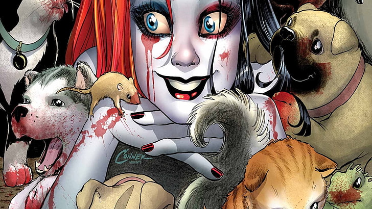 femme et chiens peinture, Harley Quinn, DC Comics, bandes dessinées, bandes dessinées, Fond d'écran HD