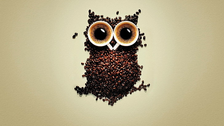 two white mugs, brown owl beans-themed decor, coffee, coffee beans, owl, digital art, simple background, HD wallpaper