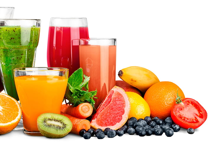 lemon, oranges, kiwi, blueberries, berry, white background, glasses, fruit, banana, vegetables, tomato, carrots, juices, HD wallpaper