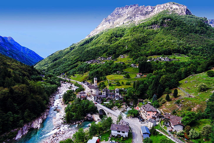 route grise, nature, paysage, montagnes, rivière, ville, pont, Suisse, Lavertezzo, vallée de Verzasca (Tessin), Fond d'écran HD