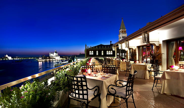 Evening In Venice, romantic, nature, dinner, sunset, italy, water, italia, romance, blue, venice, view, hotel, HD wallpaper