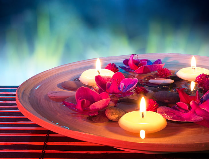красные цветы и белые чайные свечи, вода, цветы, свечи, орхидеи, спа, спа камни, HD обои