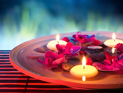 붉은 꽃과 하얀 tealight 촛불, 물, 꽃, 촛불, 난초, 스파, 스파 돌, HD 배경 화면 HD wallpaper