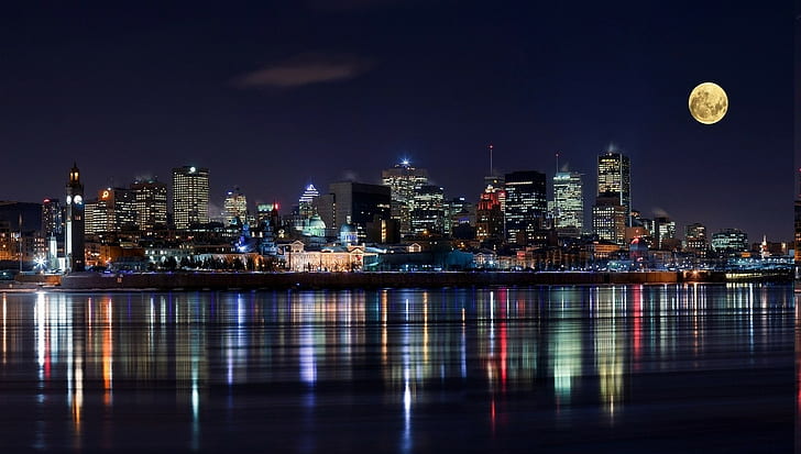 自然風景長時間露光モントリオールカナダ都市景観超高層ビル月夜ライト建築川都市現代反射、 HDデスクトップの壁紙