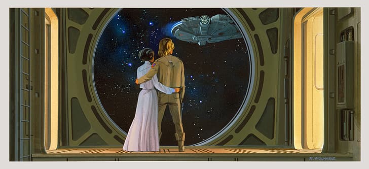 Star Wars, Luke Skywalker, Leia Organa, Princess Leia, Millenium Falcon, concept art, stars, Ralph McQuarrie, HD wallpaper