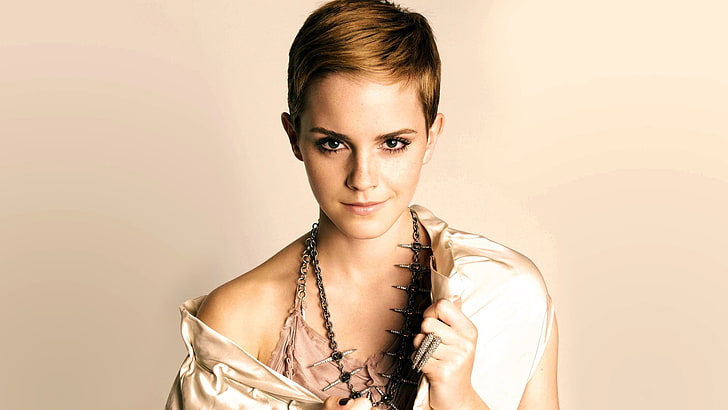 biały top damski z okrągłym dekoltem, Emma Watson, aktorka, kobiety, krótkie włosy, Tapety HD